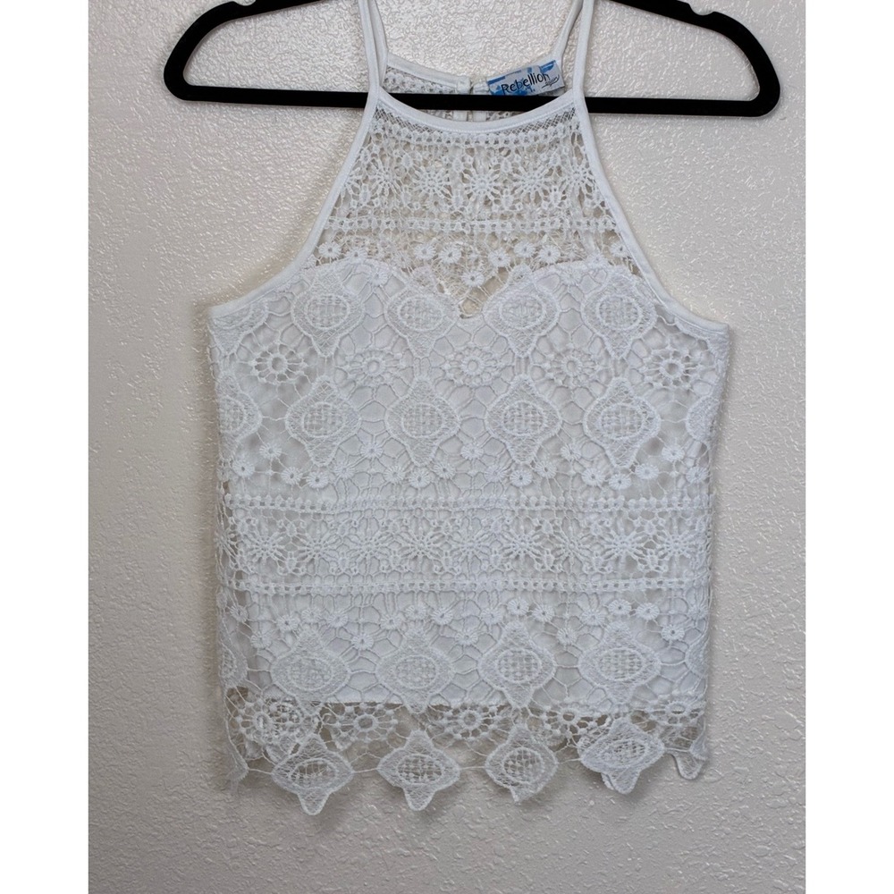 Rebellious White Crochet Lace Camisole Top Spaghetti Strap Lined Small Boho‎